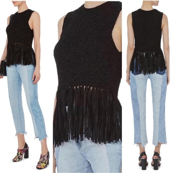 A.L.C. Black Bette Fringed Stretch Crochet-knit Tank Top/Cami - Picture 1 of 11